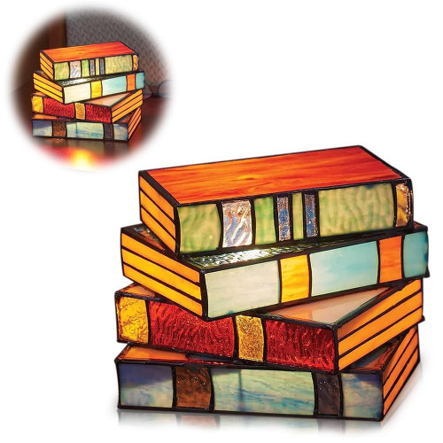 NEZIH Stained Glass Stacked Books Lamp,Handcrafted Glass Nightstand Desk Book Lamps,Stacked Books Glass Lamp, Stained Glass Table Lamp,Stained Glass Nightstand Lamp,Stacked Books lamp (PVC Plastic)