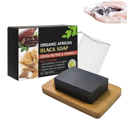 EXQST Organic Cocoa Butter Deep Cleansing Black Soap,Organic African Black Soap Bar,Natural Face Bar Soap For Women Acne Dark Spot Remover,African Black Soap For Deep Body And Facial Cleansing