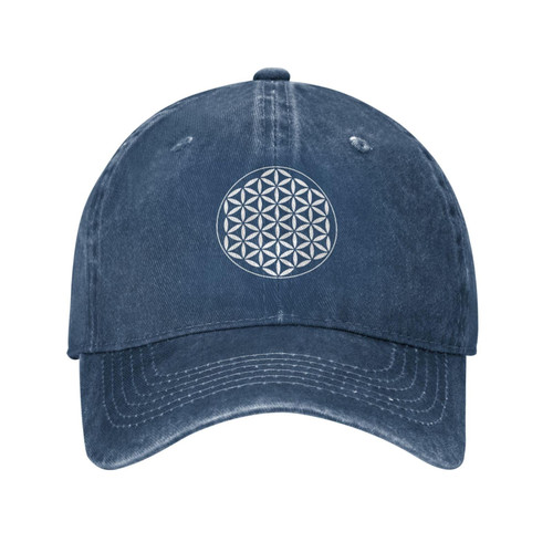wikjxiz Flower of Life Sacred Geometry Hat Vintage Navy Blue Baseball Cap Adjustable Washed Denim Cotton Dad Hats for Men Women