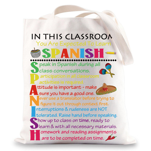 LEVLO Spanish Language Tote Bag School Spanish Teacher Gift Spanish Classroom Inspired Reusable Grocery Bag (Spanish Tote Bag)