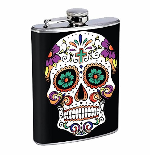 Sugar Skull Hip Flask Stainless Steel 8 Oz Silver Drinking Whiskey Spirits R1
