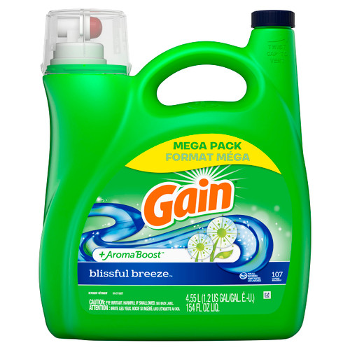 Gain + Aroma Boost Liquid Laundry Detergent, Blissful Breeze Scent, 107 Loads, 154 fl oz, HE Compatible