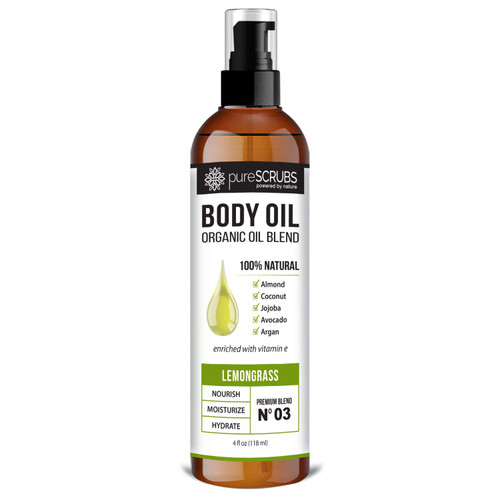 pureSCRUBS Ultra Moisturizing LEMONGRASS BODY OIL Spray For Dry Skin, Massage, & More, Organic Super Blend of Jojoba, Argan, Coconut, Sweet Almond & Avocado Oils Enriched with Vitamin E - Lg 4oz