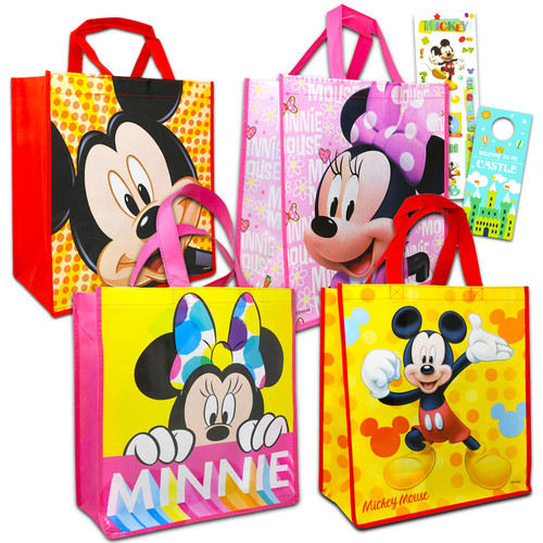 Minnie Disney Mickey Tote Bag Bundle Minnie Mickey Accessories Set - 4 Pc Minnie Mouse Reusable Bags Mickey Mouse Grocery Bags with Mickey Minnie Stickers