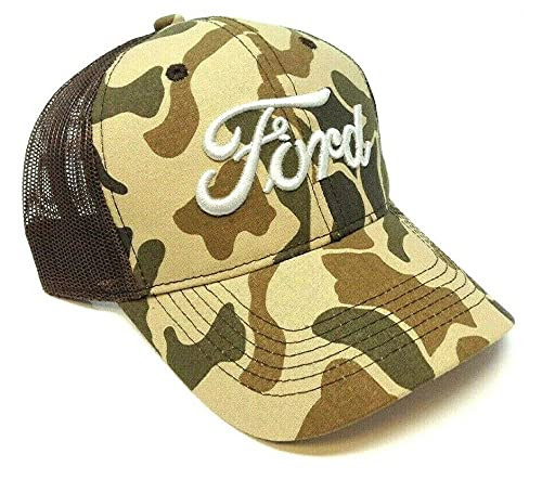 Ford Camo Script Logo Brown Mesh Trucker Curved Bill Adjustable Snapback Hat