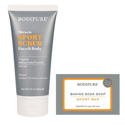 BODIPURE Natural Exfoliating Face and Body Sport Scrub for Sensitive Skin 6.5oz - Vegetable Sport Bar Soap with Mint Scent - 4.4oz - SET
