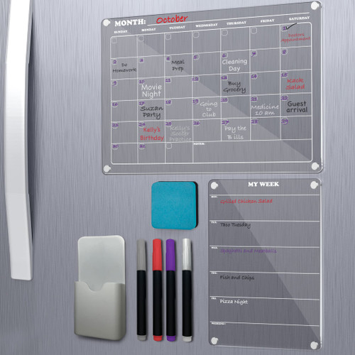 Premihome Clear Magnetic Acrylic Calendar for Fridge & Weekly Planner 16" x 12" - w/ Erasable Markers & Eraser - Dry Erase Refrigerator Magnet Whiteboard - Dry Erase Weekly Menu Board
