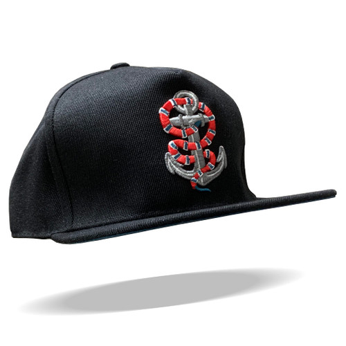 Snapback Hat with 3D Embroidery Animal Snake & Anchor, Flat Bill Baseball Cap for Men & Women (Black)