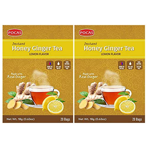 Pocas 100% Natural Instant Honey Ginger Tea Lemon Flavor, Gluten & Caffeine Free, 20 Sachets (2 pack)