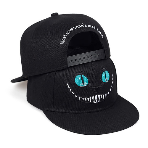 Unisex Flat Bill Baseball Caps, Adjustable Snapback Hat, Cat Face Embroidery Black Unisex Flat Bill Baseball Caps, Adjustable Snapback Hat, Cat Face Embroidery Black