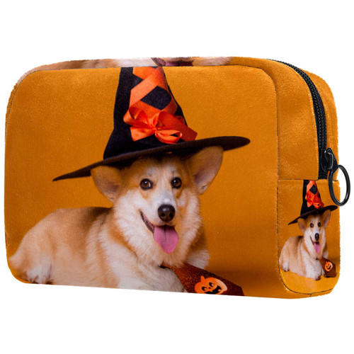 LEVEIS Cute Corgi dog in Halloween Hat Small Makeup Bag Pouch for Purse Travel Cosmetic Bag Portable Toiletry Bag for Women Girls Gifts