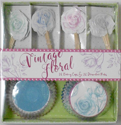 Vintage Floral Design Cupcake Kit - 24 Paper Baking Cups & 24 Decorative Picks