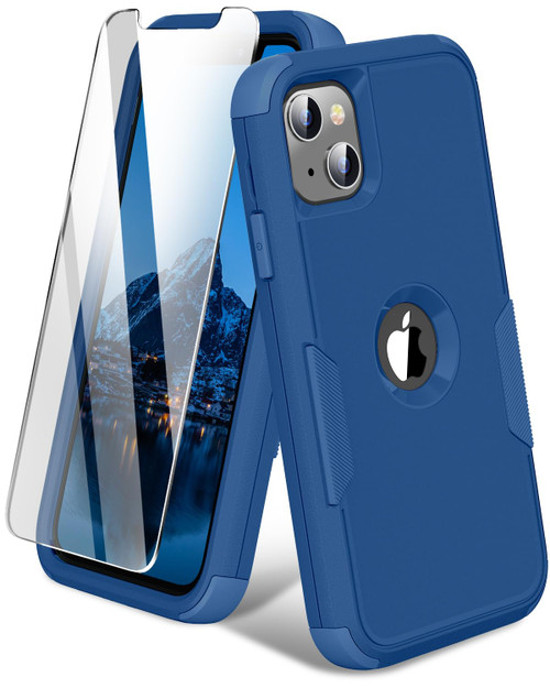 FireNova for iPhone 13 Case, iPhone 14 Case, with [Tempered Glass Screen Protector][Shockproof] [Dropproof], Protective Heavy-Duty 3 in 1 Tough Rugged Non-Slip Protective Case Cover,6.1 Inch,Blue
