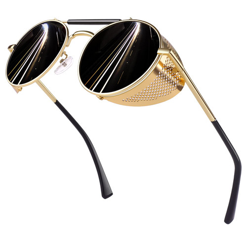 Retro Round Polarized Steampunk Sunglasses Circle Side Shield Goggles Gothic Gold Frame Grey Lens S92 -ADVANCED POLARIZED