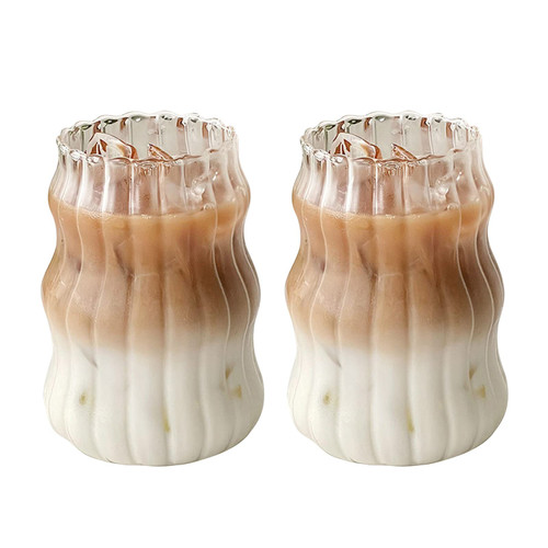 2 Pcs Ribbed Glassware Drinking Glasses, Ripple Glass Cups 18 oz Gourd Shape Iced Coffee Cups, Wave Shape Beverage Glasses, Vintage Glassware for Whiskey Cocktail Juice Beer Tea Smoothie Soda