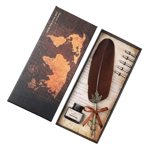 Surakey Feather Quill Pen Vintage Feather Dip Ink Pen Set with Ink/5 Replacement Nibs and 15ml Black Ink Copper Pen Stem Writing Quill Pen Calligraphy Pen As Christmas Birthday Gift (Brown)
