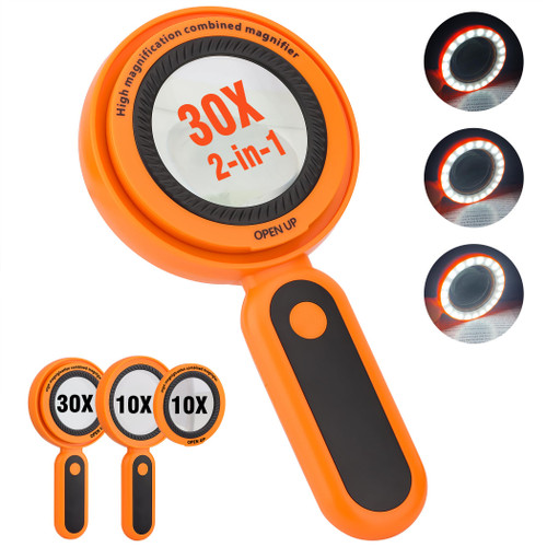 Magnifying Glass with Light, Illuminated 30X 10X Magnifier with 21 LED Light, Reading Magnifying Glass for Seniors Large, Inspection, Coins, Stamps, Map, Inspection, Macular Degeneration (Orange) Magnifying Glass with Light, Illuminated 30X 10X Magnifier with 21 LED Light, Reading Magnifying Glass for Seniors Large, Inspection, Coins, Stamps, Map, Inspection, Macular Degeneration (Orange)