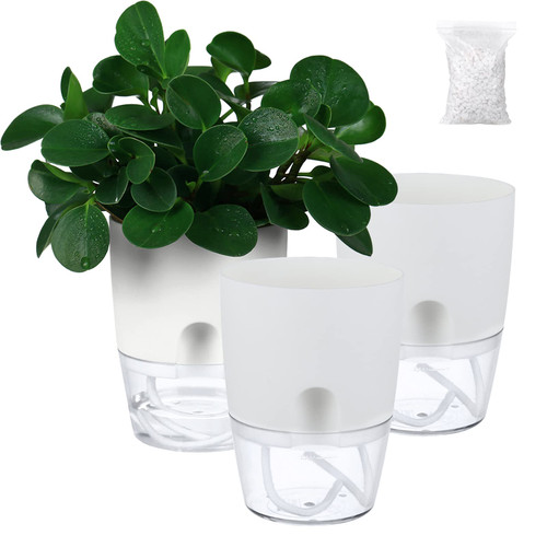 Self Watering Pots for Indoor Plants, Flower Pots Outdoor, 3 Pack 6 Inch Self Watering Planter, Plant Pots with Decorative Stones, Flower Pot, Plant Pots Indoor, Flower Pots Indoor, White
