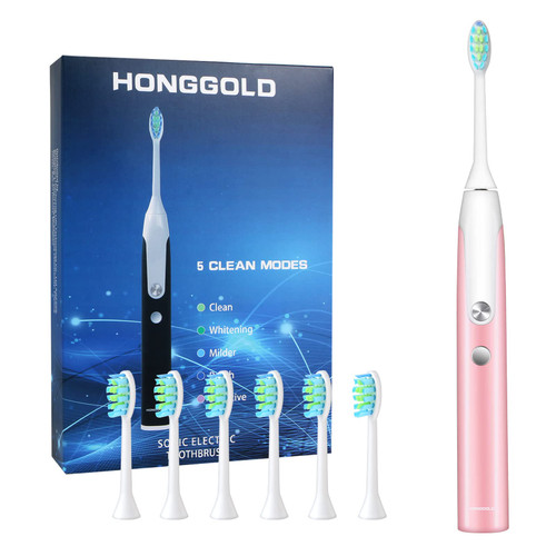 HONGGOLD Sonic Toothbrush for Adults and Kids? Electric Toothbrushes 5 Modes Smart Timer Tooth Brush Electric Set 6 Brush Heads, Waterproof IPX7, Sonic Electric Toothbrush, Pink