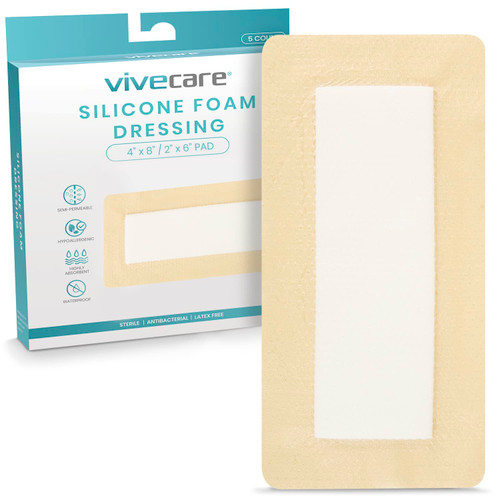 ViveCare Silicone Foam Wound Dressing (4x8, 5 Pack) - Large Self Adhesive Bandages for Pressure & Bed Sores, Sacral/Sacrum, Ulcers - Waterproof Border & Extra Absorbent Pad for Gentle Wound Care