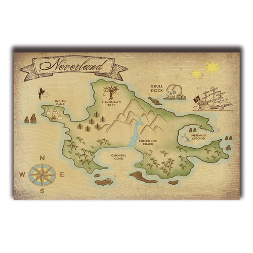 XIHOO Inspired, Peter Pan, Neverland Map Poster for Home Decor Wall Art 11x17inch (28x43cm) Frameless Gift