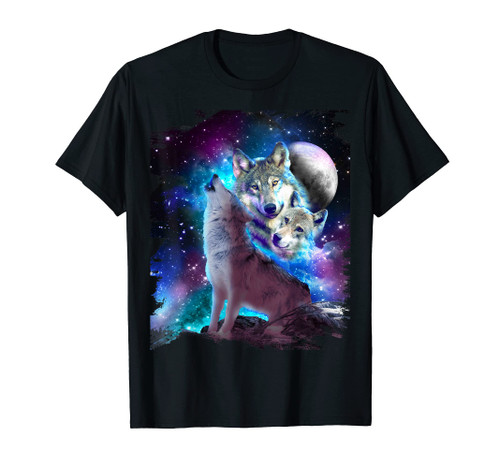 Cosmic Space Wolf Wolves Family Howling At Moon T-Shirt
