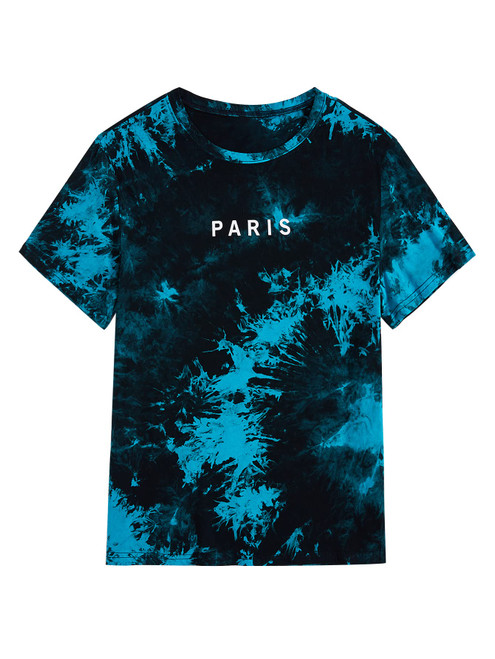 WDIRARA Men's Tie Dye Letter Graphic Print Short Sleeve Round Neck T Shirt Tee Tie Dye Haze Blue Paris M