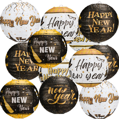 12 Pcs Happy New Year New Year's Eve Party Hanging Paper Lanterns Decoration Black and Gold Paper Lanterns Round Hanging Confetti Lanterns for New Years Eve Party Decorations