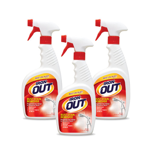 Iron OUT Rust Stain Remover Spray Gel, Remove and Prevent Rust Stains in Bathrooms, Kitchens, Appliances, Laundry, and Outdoors, 3 Pack of 24 Ounce Bottles
