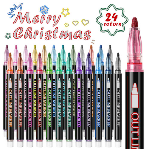 CYVINY Double Line Outline Markers, 24 Colors Super Squiggles Shimmer Marker Set, Self-Outline Metallic Markers Pens for Doodling, Drawing, Christmas Greeting Card Making, DIY Art Crafts CYVINY Double Line Outline Markers, 24 Colors Super Squiggles Shimmer Marker Set, Self-Outline Metallic Markers Pens for Doodling, Drawing, Christmas Greeting Card Making, DIY Art Crafts