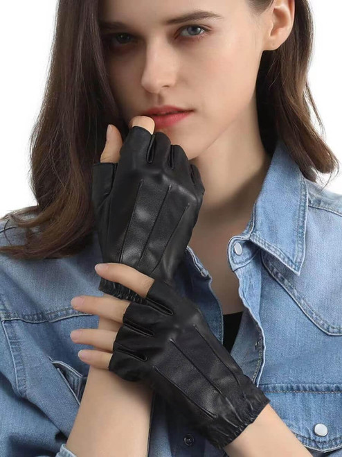 dzdarren Fingerless Gloves for Women - Fingerless Driving Gloves PU Faux Leather Outdoor Sport Half Finger Glove for Women Men Teens - Large