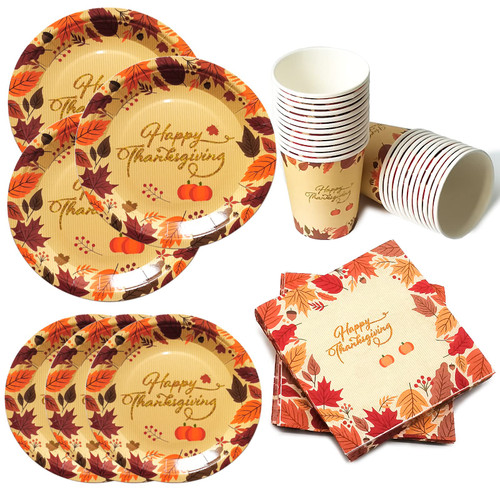 Thanksgiving Paper Plates, 120 PCS Napkins & Cup Disposable Dinnerware Set for 24 Guests, Happy Thanksgiving Theme Party Supplies, Fall Leaves Pumpkin Dinnerware Set for Fall Party Decorations