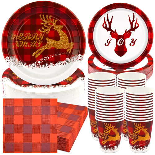 EPHYO 200PCS Christmas Paper Plates and Napkins Cups Serve 50 Disposable Dinnerware Party Supplies Heavy Duty Dinner Plates for Dessert Cake Salad Luncheon Napkins Beverage Cups Buffalo Reindeer