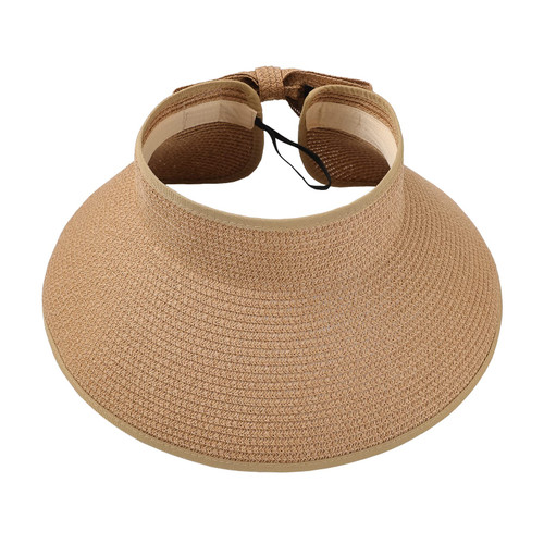 Surblue Straw Visor Hat for Women Wide Brim Roll Up Ponytail Summer Beach Hat Foldable Sun Hat UV UPF Packable Foldable Travel, Coffee