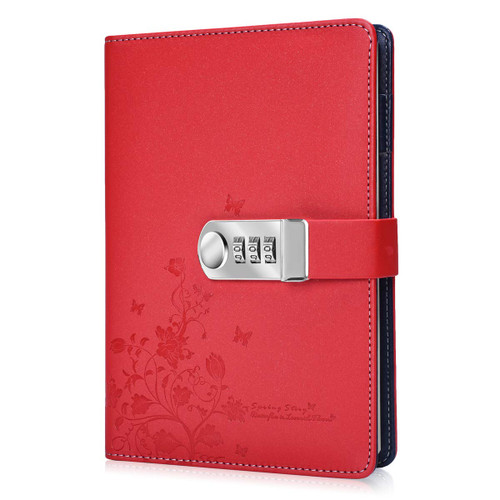 ARRLSDB PU Leather Journal with Lock, A5 Size Diary with Combination Lock Password Notebook Locking Personal Diary (Red)