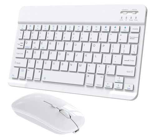 Ultra-Slim Small Bluetooth Keyboard and Mouse Combo Portable Rechargeable Cordless Wireless Keyboard for Android Tablet Cell Phone Samsung Smartphone iPhone iPad Mini Pro Air Windows Surface (White)