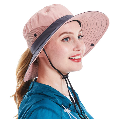 Sun Hat for Women UV Protection Bucket Fishing Hat with Ponytail-Hole, Foldable Outdoor Mesh Wide Brim Beach Hat(Pink)