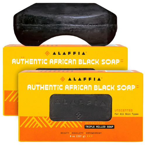Alaffia Authentic African Black Soap Bar - Body Soap, Natural Coconut Oil, Shea Butter & Aromatic Plant Extracts, Ergonomic Bar Soap, Unscented, 8 Oz Ea (Pack of 2)