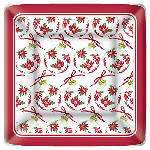 Boston International Square Paper Dessert Plates, 8-Count, 7 x 7-Inches, Poinsettia Ornaments