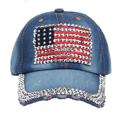 MissFun Wash Denim American Flag Embroidery Rhinestone Baseball Hat