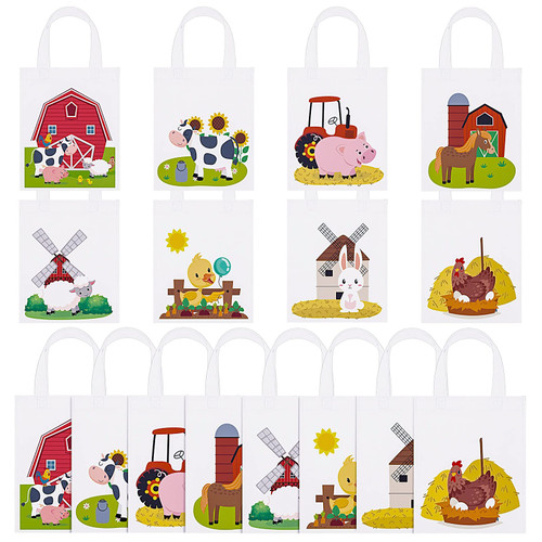 Deekin 24 Pcs Farm Animal Bags Barnyard Gift Treat Goody Bag Non Woven Farm Party Favors Farm Animal Shopping Tote Reusable Grocery Bag for Birthday Holiday Farm Animal Themed Party (White)