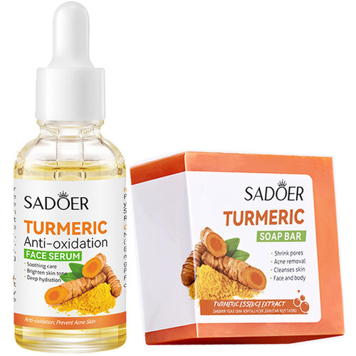 Sadoer Turmeric Anti-Oxidation Face Serum and Turmeric Soap for Dark Spots on Face & Body, Turmeric Soap Bar and Oil, Turmeric Skin Care Set for Women and Men, All Skin Types (Serum Soap Set) Sadoer Turmeric Anti-Oxidation Face Serum and Turmeric Soap for Dark Spots on Face & Body, Turmeric Soap Bar and Oil, Turmeric Skin Care Set for Women and Men, All Skin Types (Serum Soap Set)