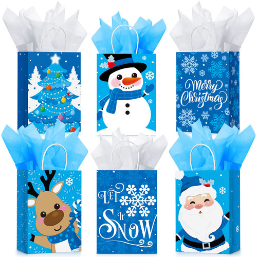 24 Pcs Christmas Gift Bags with Tissue Paper, Merry Christmas Xmas Kraft Paper Goodie Bags with Handles Bulk for Christmas Gift Wrapping Holiday Party Supplies (Snowman, Small)