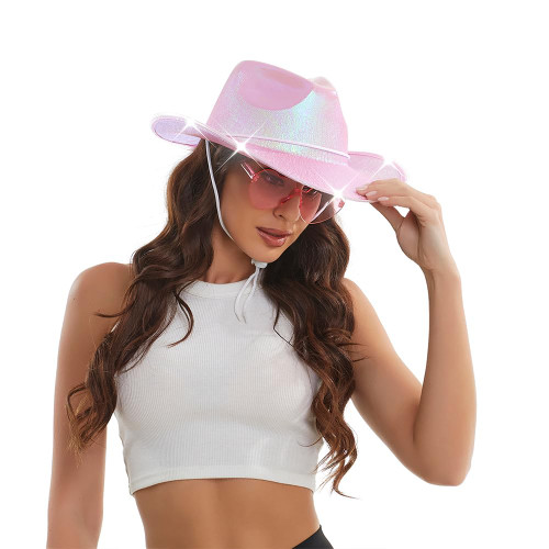 Aoufuwel Pink LED Light Up Cowboy Hat for Women - Sparkly Space Pink Cowgirl Hat with Heart Glasses