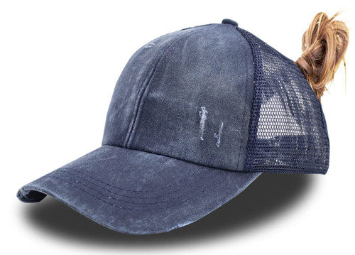 KKMKSHHG Criss Cross Baseball Caps, Women Ponytail Mesh Hat Distressed High Messy Bun Trucker Ponycap Navy