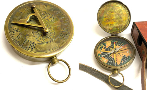 SAYRA NAUTICALSS Brass Compass Antique Directional Magnetic Sundial Clock Pocket Marine Compass. Loved Ones, Partner, 3 Inch Compass Nautical Navigational Best for Gifts with Leather Cover