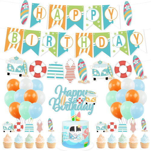 Summer Surfing Birthday Party Decorations, Surfboard Banner Surfing Themed Cake Topper Balloons for Summer Beach Birthday Decoration Surf Birthday Party Supplies Swimming Pool Hawaii Party Supplies