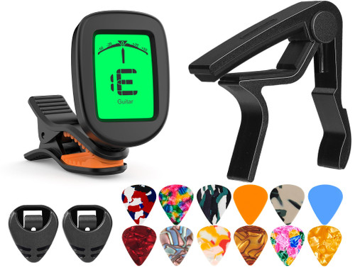 Guitar Capo with Pick Holder Guitar Picks Holder Guitar Tuner ?Capo for Acoustic Guitar, Bass, Buzzing-Free, Quick Release (Capo Tuner 12 Pick black)