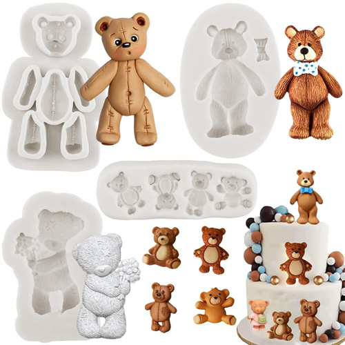 MINFEIDMS Bear Silicone Fondant Molds For Teddy Bears Cake Decorating Cupcake Topper Candy Chocolate Gum Paste Set Of 4