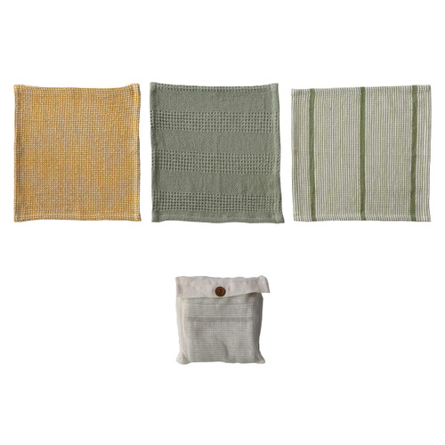 Creative Co-Op Cotton Waffle Weave Dish Cloths with Loop, Green, Sage, and Mustard, Set of 3 in Bag